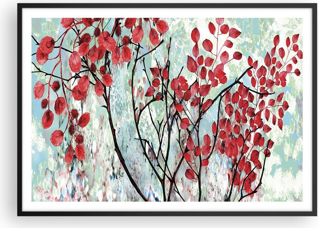 Gerahmtes Poster - Schwarzer Rahmen - Rot Blätter Zweige - 100x70 cm - Wand Bild - Wanddeko - Wandbilder - Kunstposter - Wandposter - Bilderrahmen...