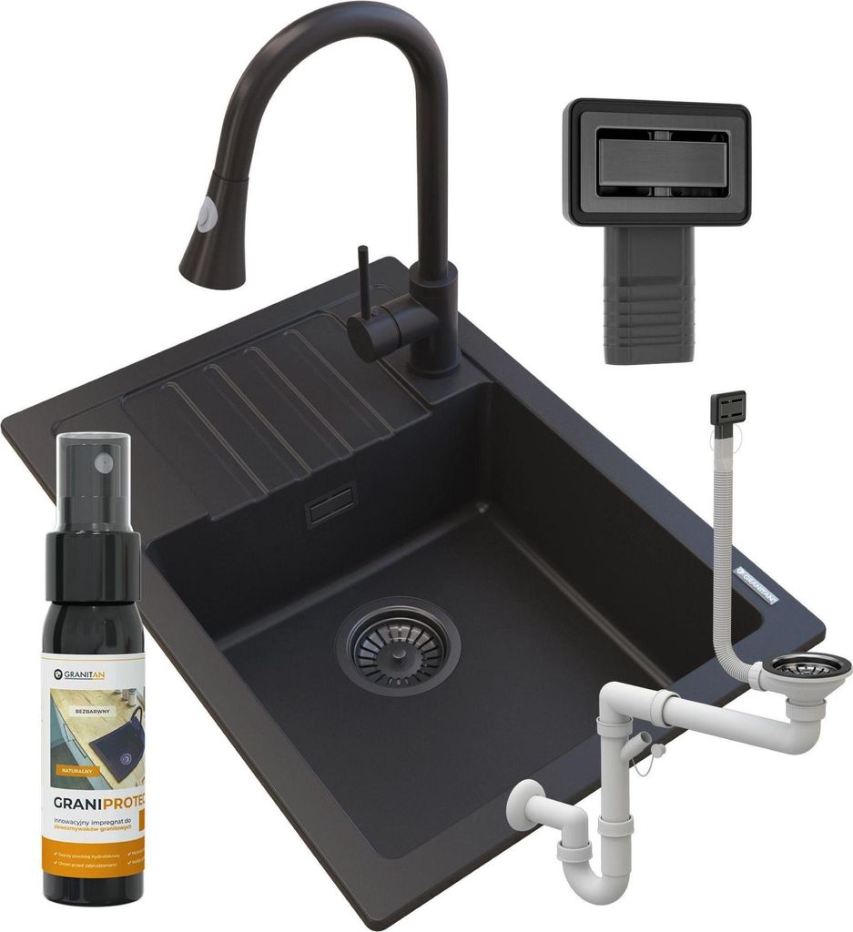 Granitan | GranitSpüle - Spülbecken 1-Kammer - 62x44 cm - Rechteckig - Schwarz - mit Küchenarmatur - mit Abtropffläche - ARGOS