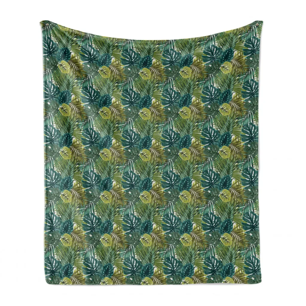 ABAKUHAUS Coperta in morbido pile di flanella, foresta pluviale con palme e monstera, morbida e confortevole per interni ed esterni, 125 x 175 cm, verde oliva scuro verde acqua