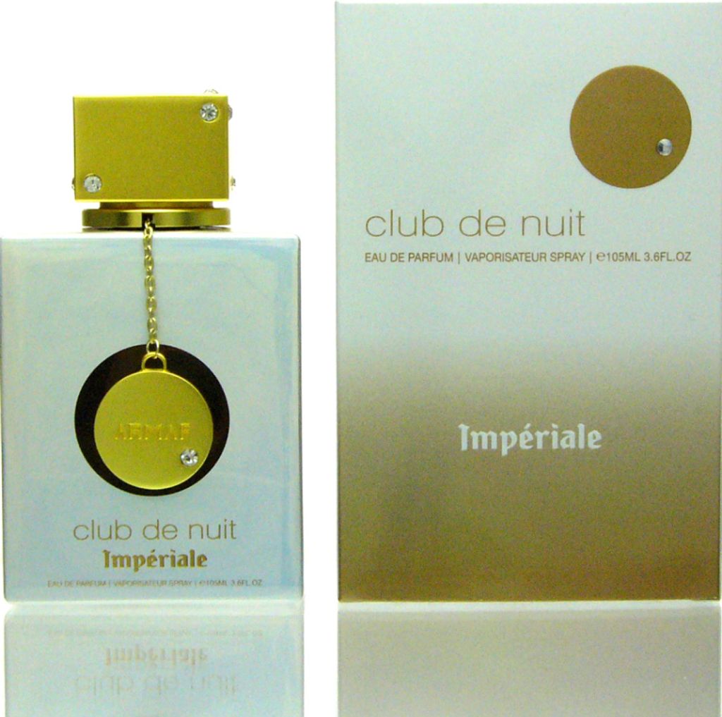 A perfume bottle and its packaging are displayed against a white background.