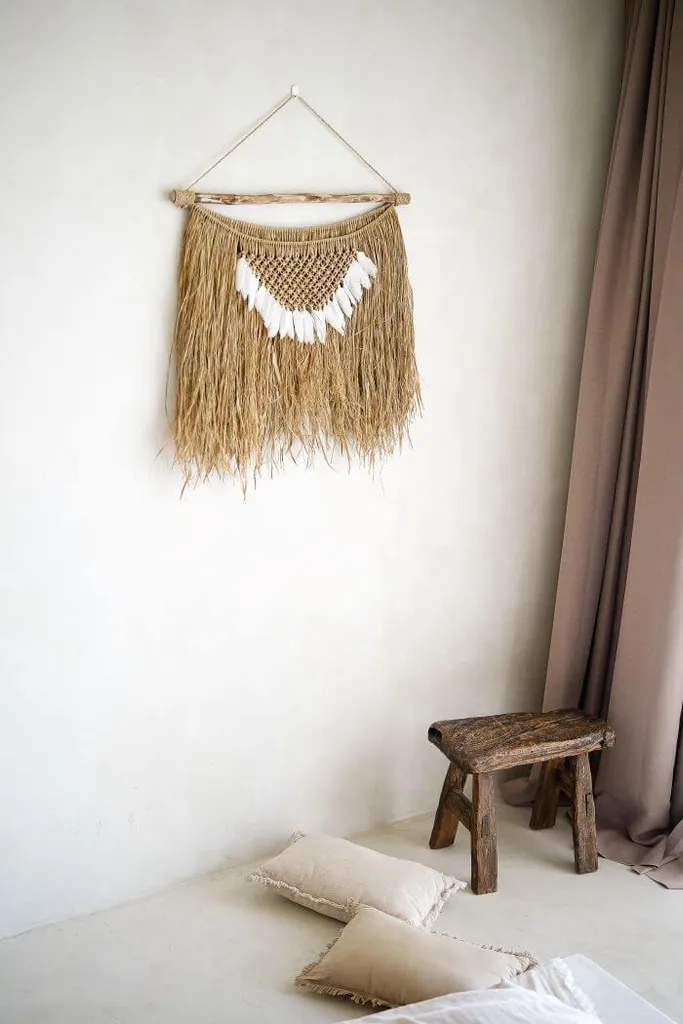 Décoration murale boho algues et plumes fait main - Modèle Néréide