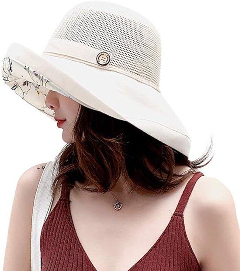 Damen-Sonnenhut mit UV-Schutz und Kinnband - Beige