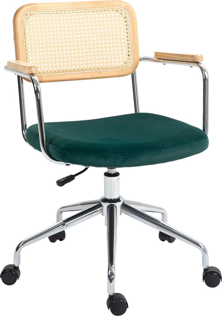 Bürostuhl, Boho-Design, Holzarmlehnen, drehbar, verstellbar, bis 120 kg, Stahl, Grün