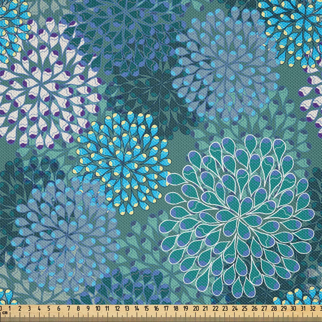 ABAKUHAUS Tessuto in raso a fiori venduto al metro, petali di garofani astratti Disegno digitale di bouquet di fiori con essenza vibrante, 5 m (148 x 500 cm), blu petrolio verde acqua