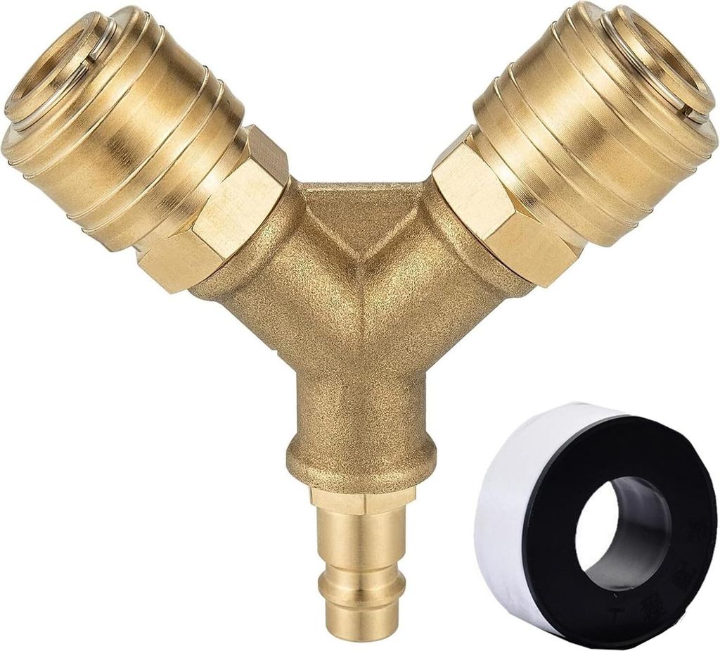 Druckluftverteiler Druckluftweiche 2-fach mit 2 Kupplungen, druckluftkupplung Schnellkuppler Verteiler,Druckluftweiche mit Außengewinde, Messing D...