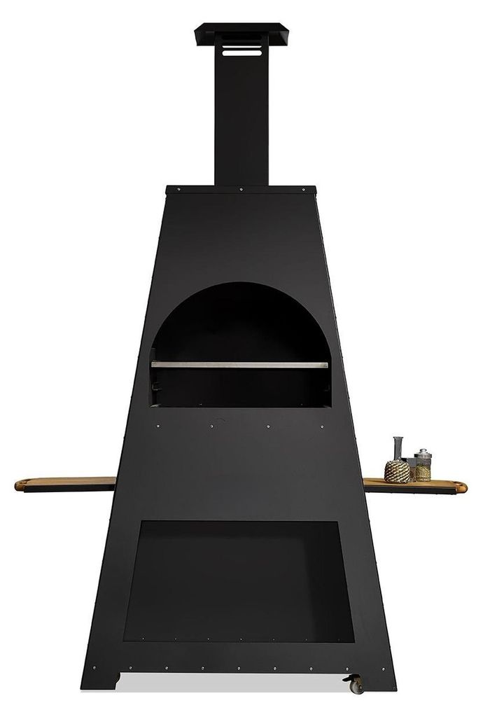 Schwarz Holz Grillkamin im eleganten Design für den Garten