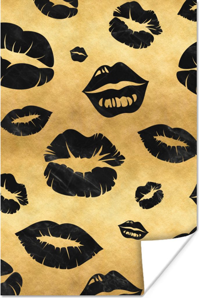 MuchoWow Poster Muster - Kuss - Gold - Schwarz 60x90 cm - Wanddekoration