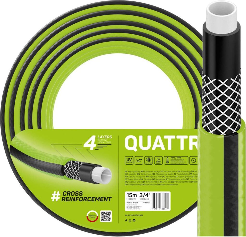 Gartenschlauch 4 lagig Wasserschlauch 1" 1/2" 3/4" Zoll 10m 15m 20m 25m 50m Cellfast QUATTRO Gartenschlauch Kreuzgeflecht hochwertigem Garn 15m 3/4"
