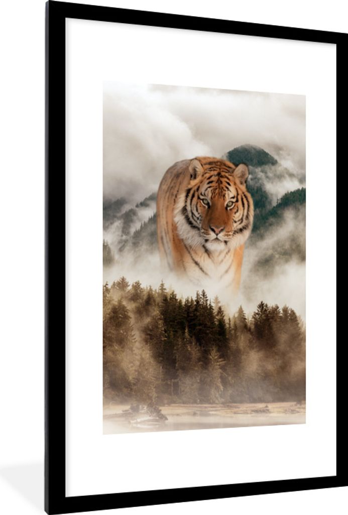 MuchoWow MuchoWow Gerahmtes Poster Tiger - Berge - Bäume 60x90 cm - Poster mit zchwarzem Bilderrahmen - Dekoration - Wandposter Wohnzimmer - H...