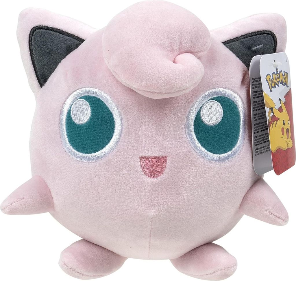 A pink plush toy of the Pokemon character Jigglypuff is shown against a white background.