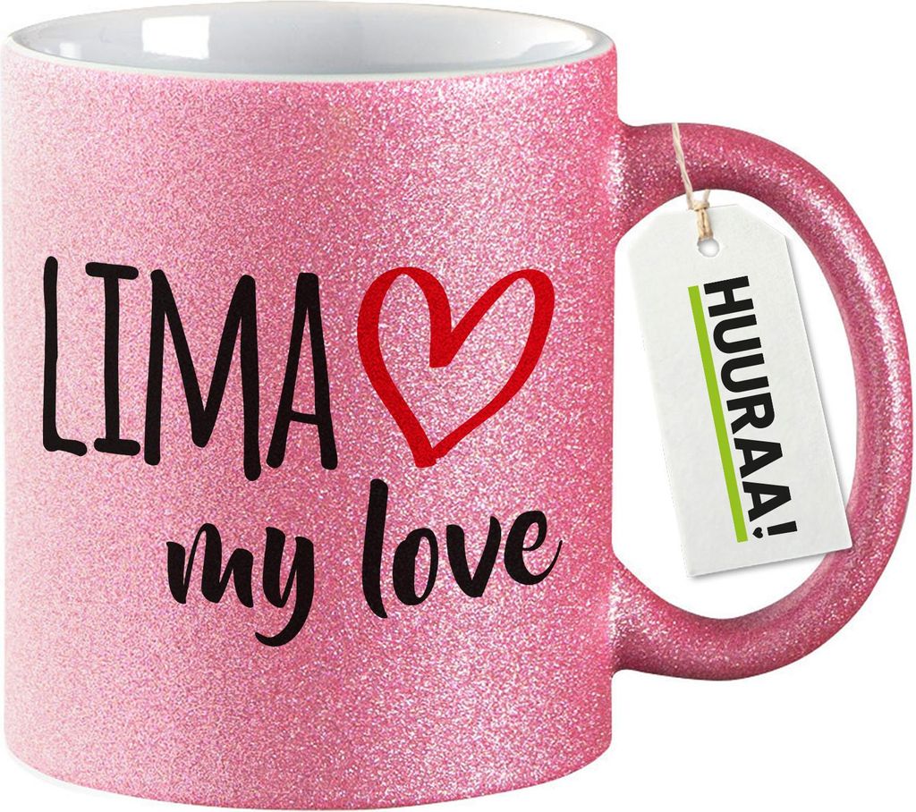 Huuraa Glitzertasse Lima my love 330ml Pink Keramik Kaffeebecher Geschenkidee