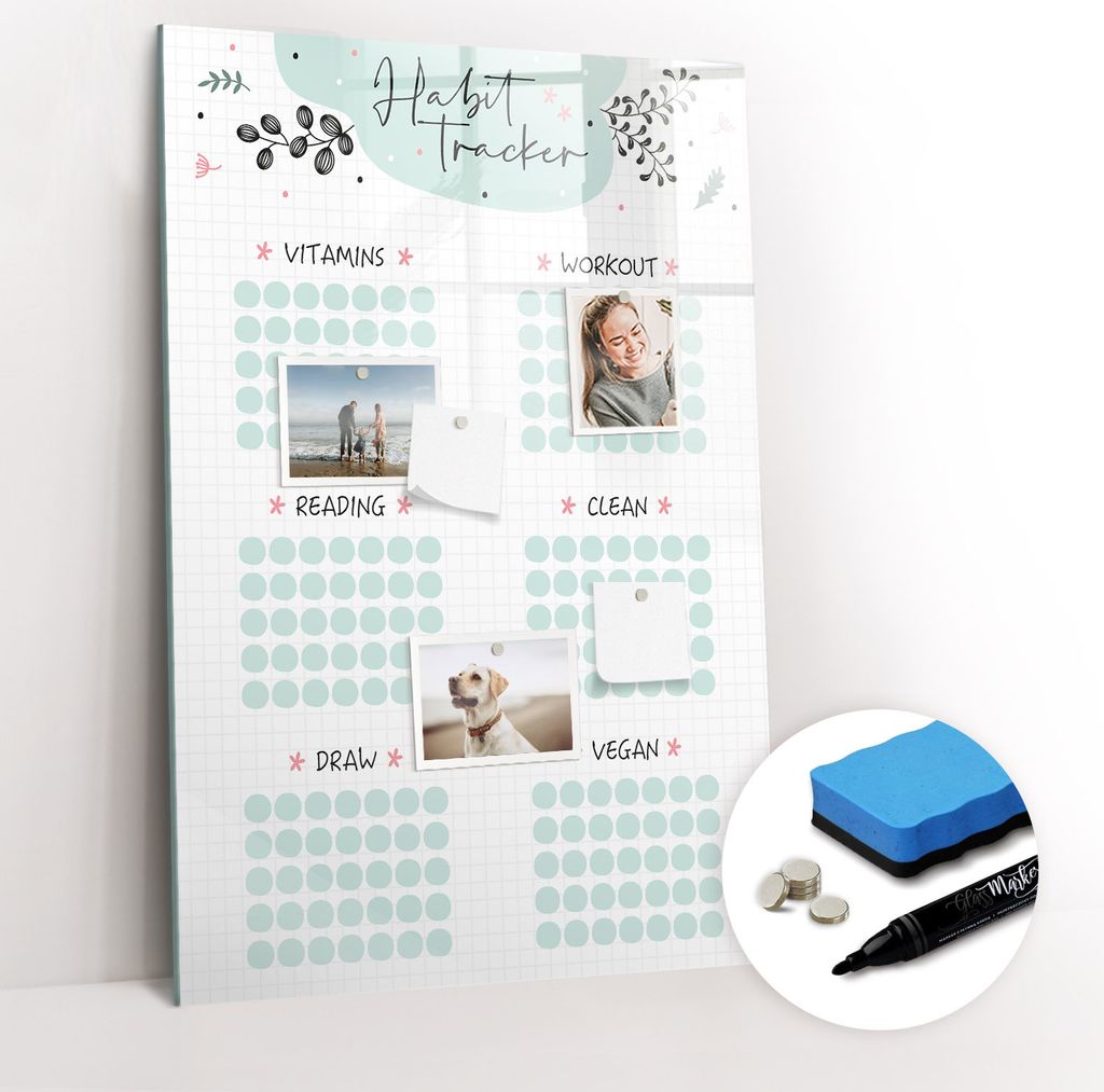 Magnetische Wandtafel - Schwarzer Marker + Schwamm + Magnete - 60 x 90 cm - Habit Planner