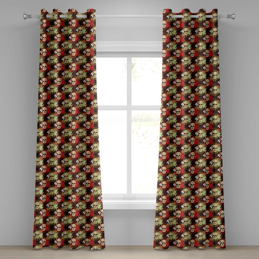 ABAKUHAUS Schädel Ösenvorhang, Schädel mit Federn Ethnischer Stamm Hintergrund buntem Blut Spritzen, Dekorative 2-Panel-Fenstervorhänge, 280 cm...