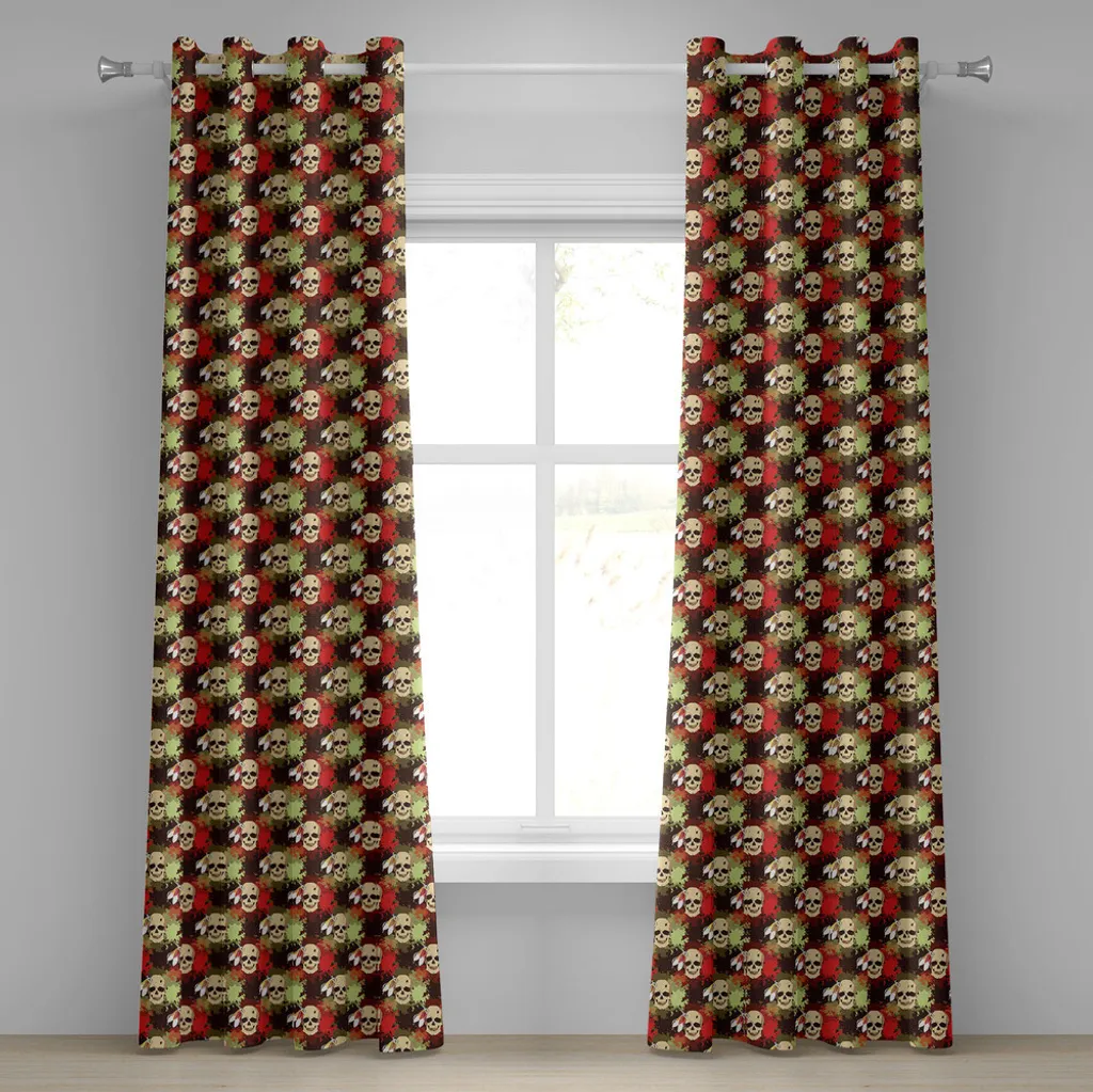 Rideau à œillets motif Tribal Crâne avec plumes et fond Pistache