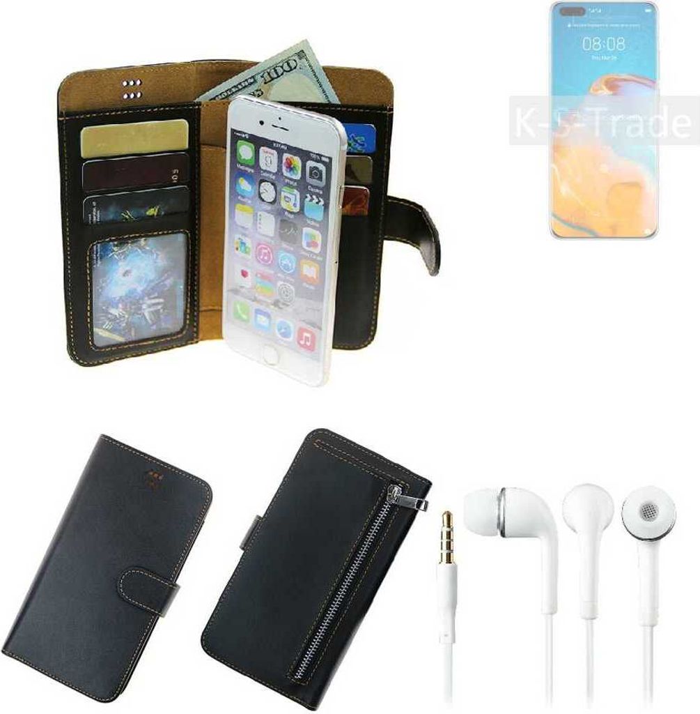TOP SET Handy Hülle Schutz Hülle kompatibel mit Huawei P40 Pro schwarz aus Kunstleder + Kopfhörer Smartphone Tasche vollwertige Geldbörse