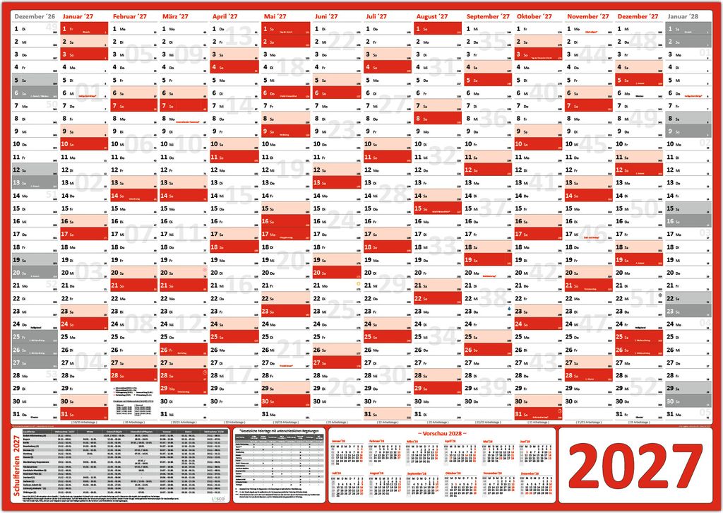 XXL Wandkalender Wandplaner 2027 rot (gerollt) DIN A0 Format (841 x 1189 mm) 14 Monate, komplette Jahresvorschau Folgejahr und Ferientermine Feiert...