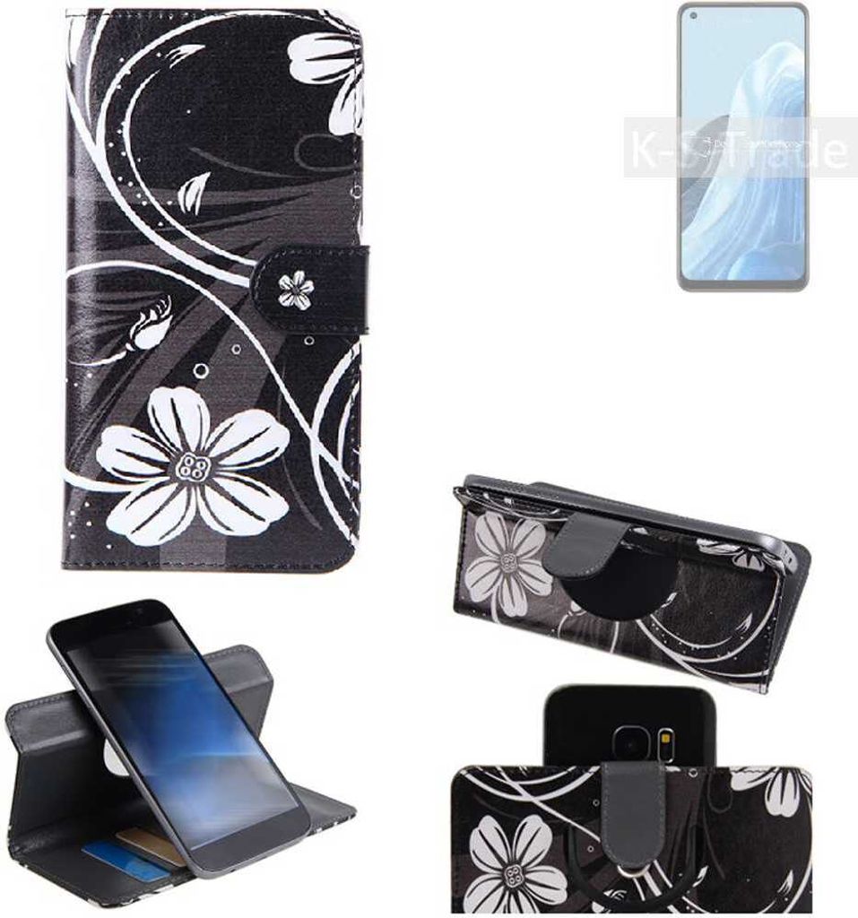 K-S-Trade Schutzhülle Handyhülle kompatibel mit Oppo F21 Pro 4G Hülle 360° Wallet Case ''Flowers'' Klapphülle Hülle schwarz-weiß 1x
