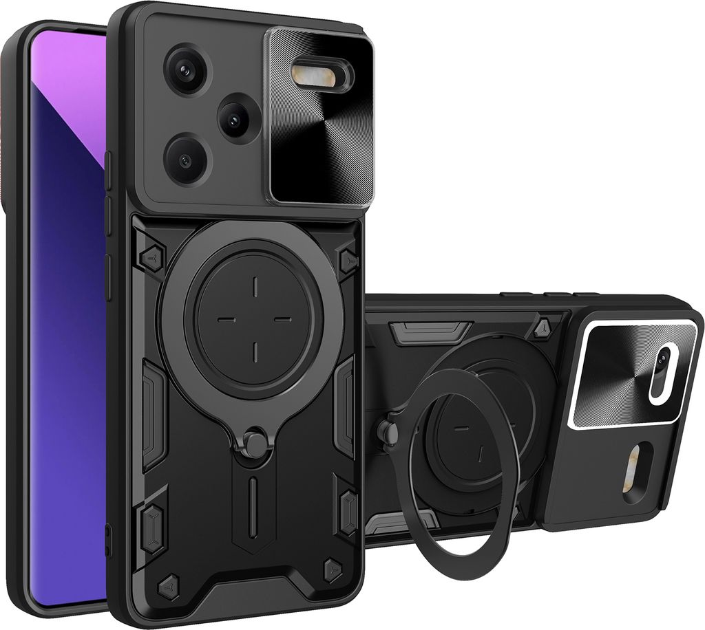 Handyhülle für Xiaomi Redmi Note 13 Pro+ 5G Dual-Layer Stoßfest Rüstung Hülle mit Dia Kameraschutz und Kreisförmig Ring Ständer Schwarz