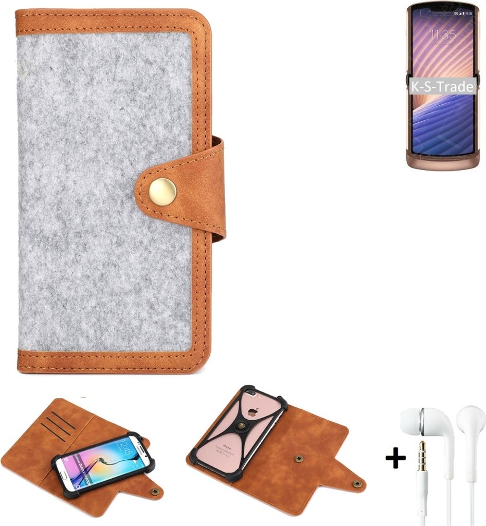 K-S-Trade Handyhülle + Kopfhörer kompatibel mit Motorola Moto G9 Plus Schutzhülle Filz Hülle Kunstleder hellgrau braun (1x)