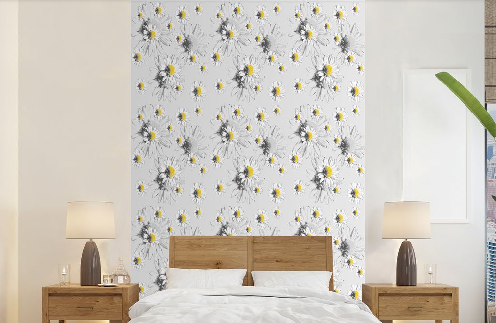 MuchoWow Fototapete für Wohnzimmer oder Schlafzimmer Wandtapete Vinyl Motivtapete Gänseblümchen - Kamille - Blumen - Muster - 140x220 cm - Fot...