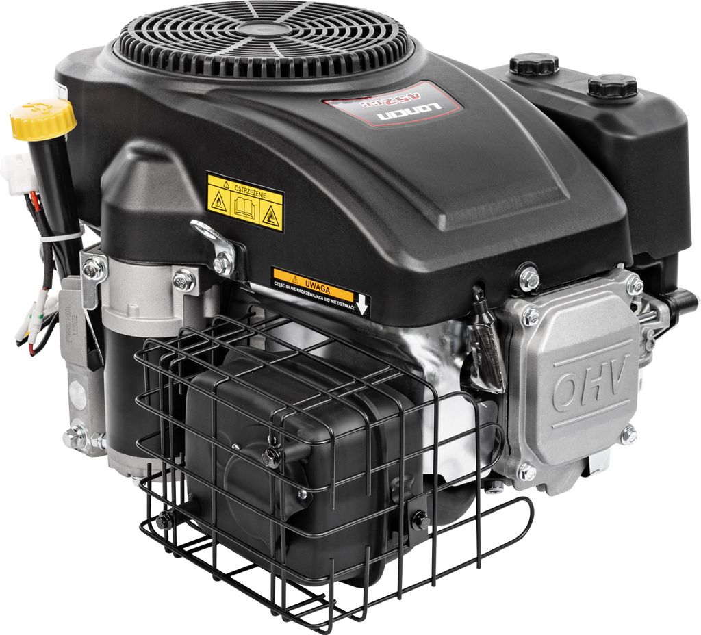 A close-up studio shot of a lawnmower engine.
