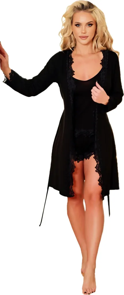 Vestaglia Flores Nero S | Kimono Donna in Viscosa e Pizzo Pregiato