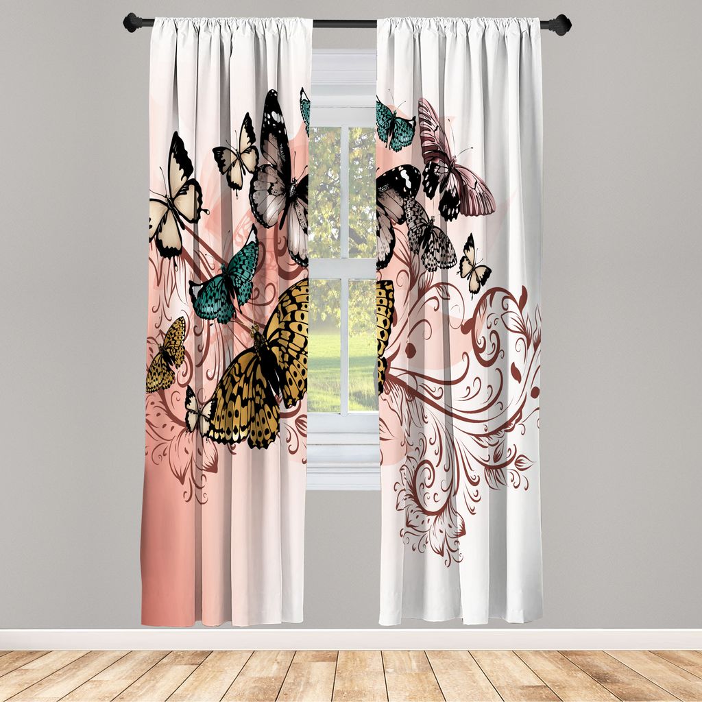 ABAKUHAUS Schmetterling Vorhänge 2 Panel Set für Wohnzimmer Schlafzimmer Nachbildung, Monarch Schmetterlinge Vintage Damast İnspiriertes Design,...