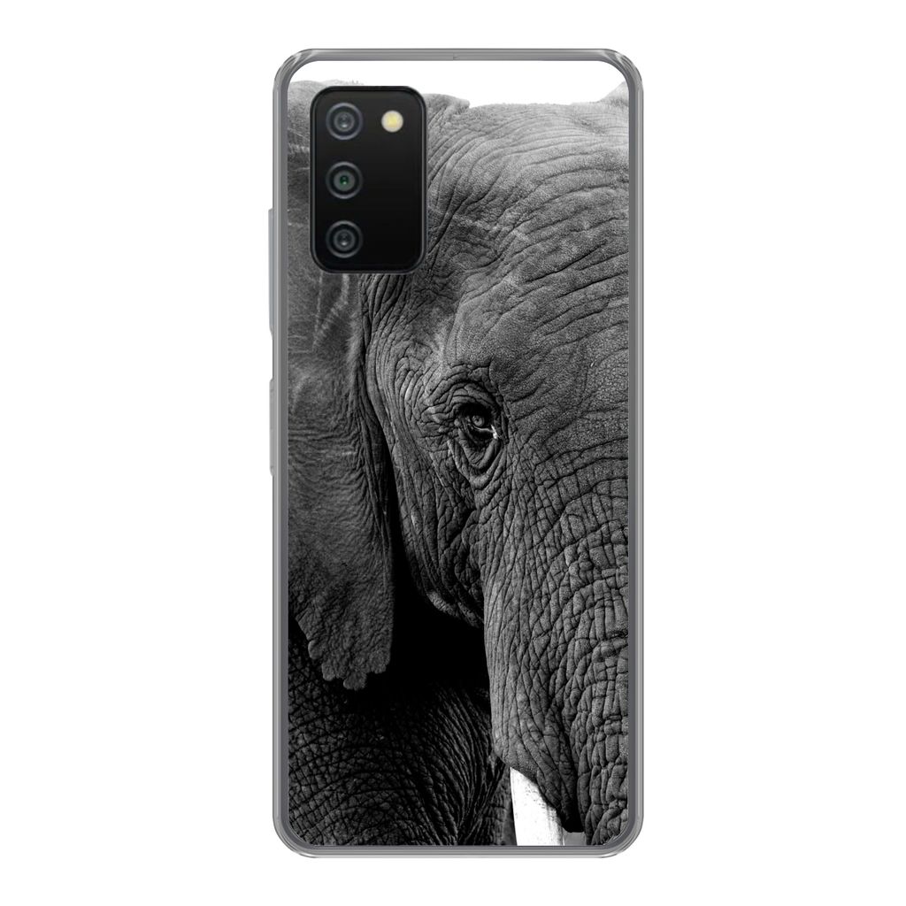 MuchoWow Handyhülle Schutzhülle Hülle für Samsung Galaxy A03s Elefant - Tiere - Schwarz - Weiß - Natur Silikon Softcase Handy Hülle - Schutz