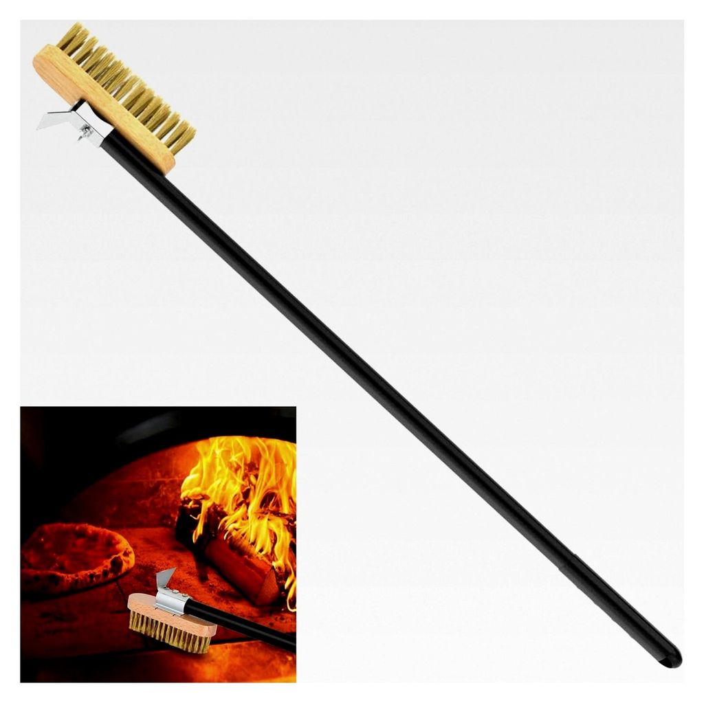 Pizzaofenbürste 130 cm mit Stahlschaber, abnehmbarem Aluminiumgriff und Messingborsten - geeignet für Ofenreinigung, Pizzasteine und BBQ-Grills