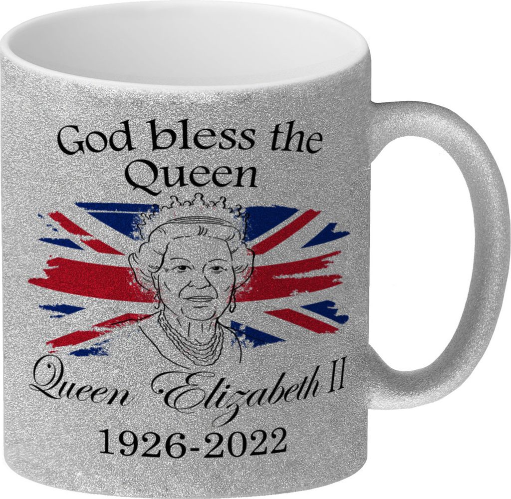 God bless the Queen Glitzer-Kaffeebecher Produktbild 