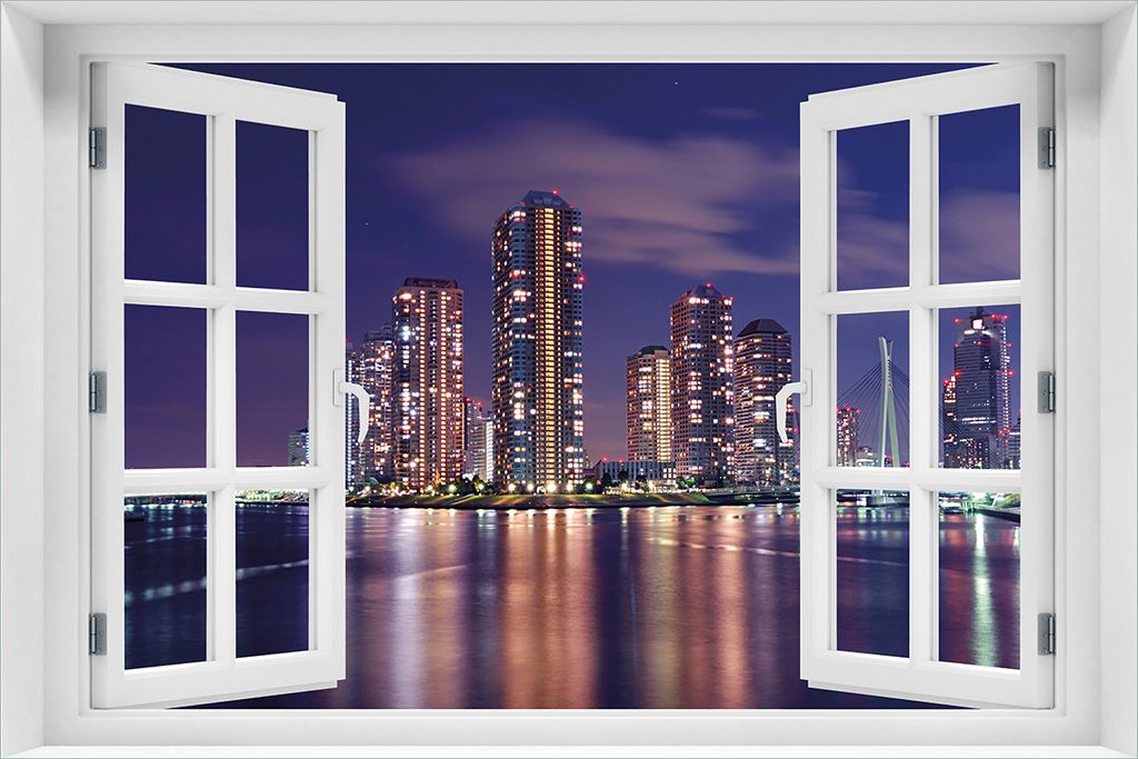 Wallario Wandbild aus Acryl, 60 x 90 cm, freischwebende Optik - Tokyo- Skyline bei Nacht mit Fenster-Illusion