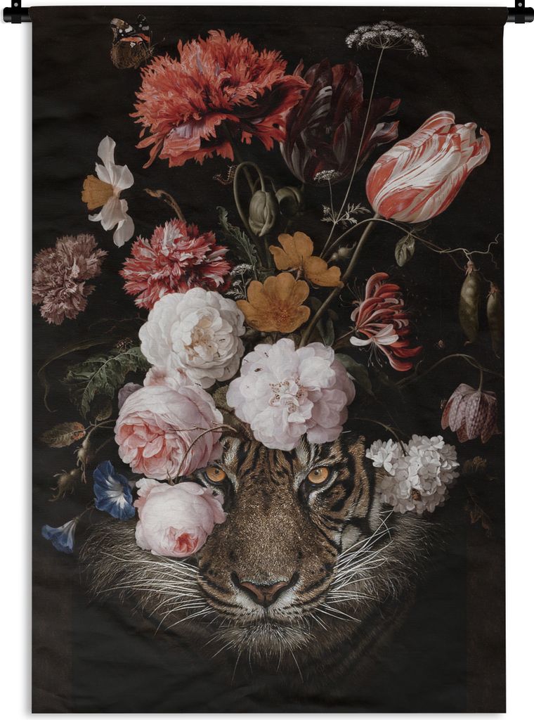 MuchoWow Wandteppich Wandbehang Blumen - Jan Davidsz de Heem - Tiger - Gemälde - Stillleben - Alte Meister 90x135 cm Tapisserie Dekoration Wandt...