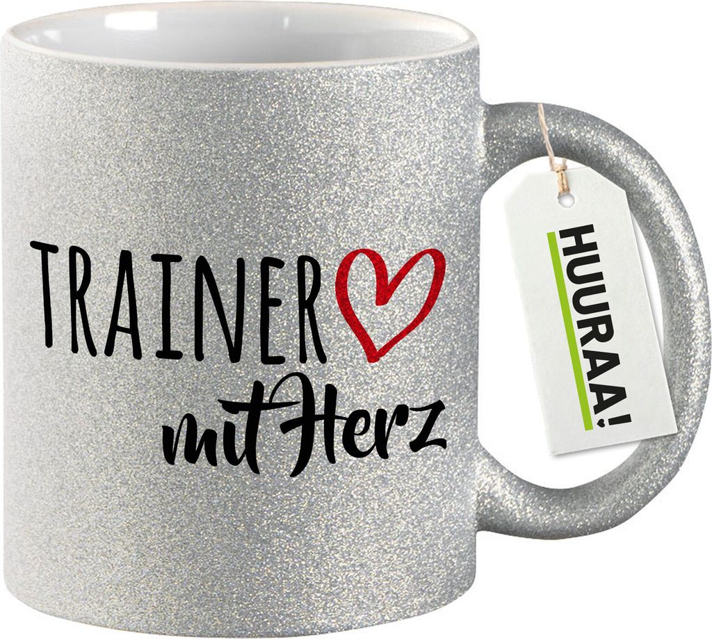 Huuraa Glitzertasse Trainer mit Herz 330ml Silber Keramik Kaffeebecher Geschenkidee