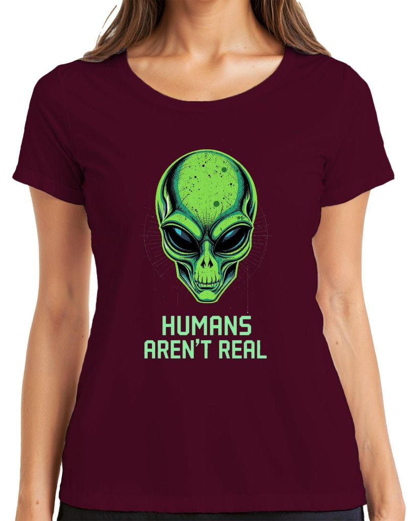 Humans Aren't Real Alien Totenkopf Grün UFO SciFi Lustig Geschenk Damen T-Shirt, Burgundy, XL