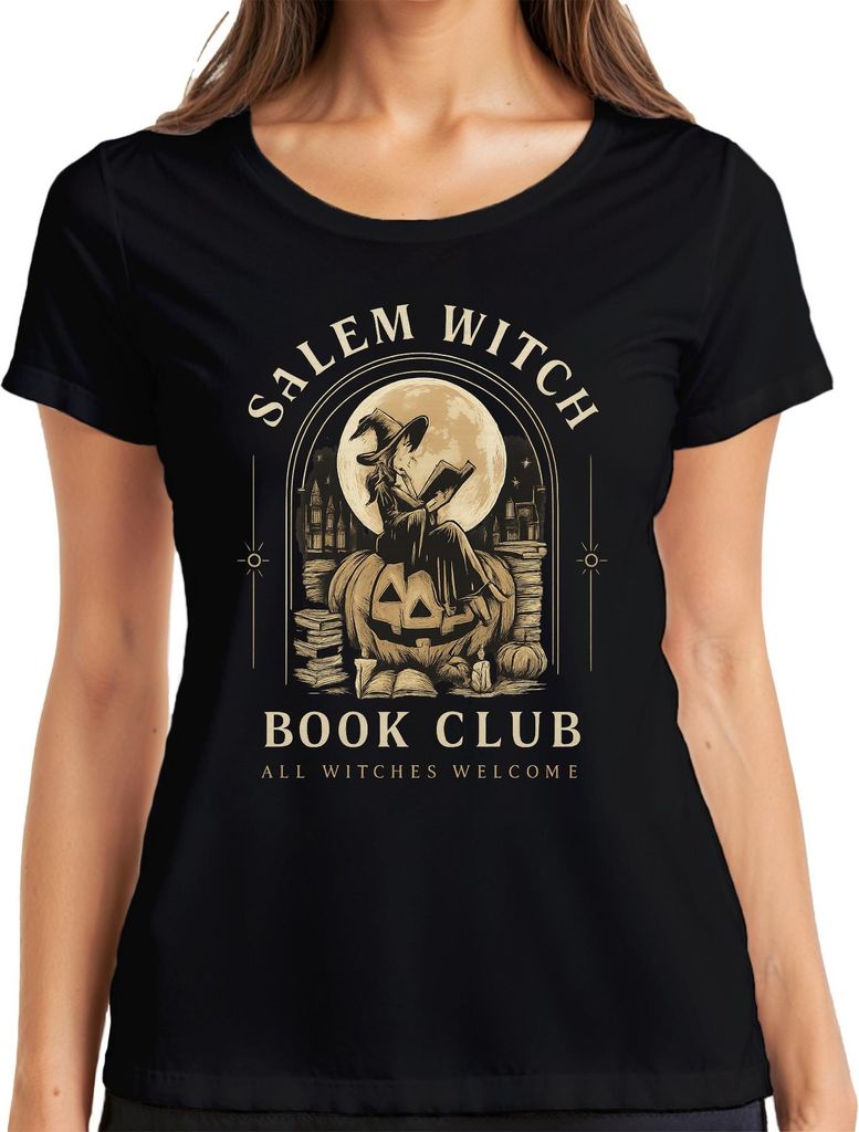 Salem Witch Book Club All Witches Welcome Halloween Kürbis Mond Damen T-Shirt, Schwarz, M