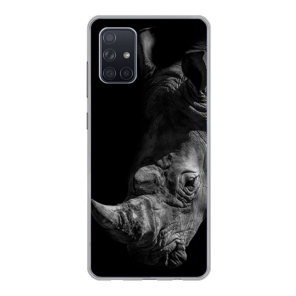 MuchoWow Handyhülle Schutzhülle Hülle für Samsung Galaxy A51 5G Nahaufnahme eines Nashorns auf schwarzem Hintergrund Silikon Softcase Handy H...