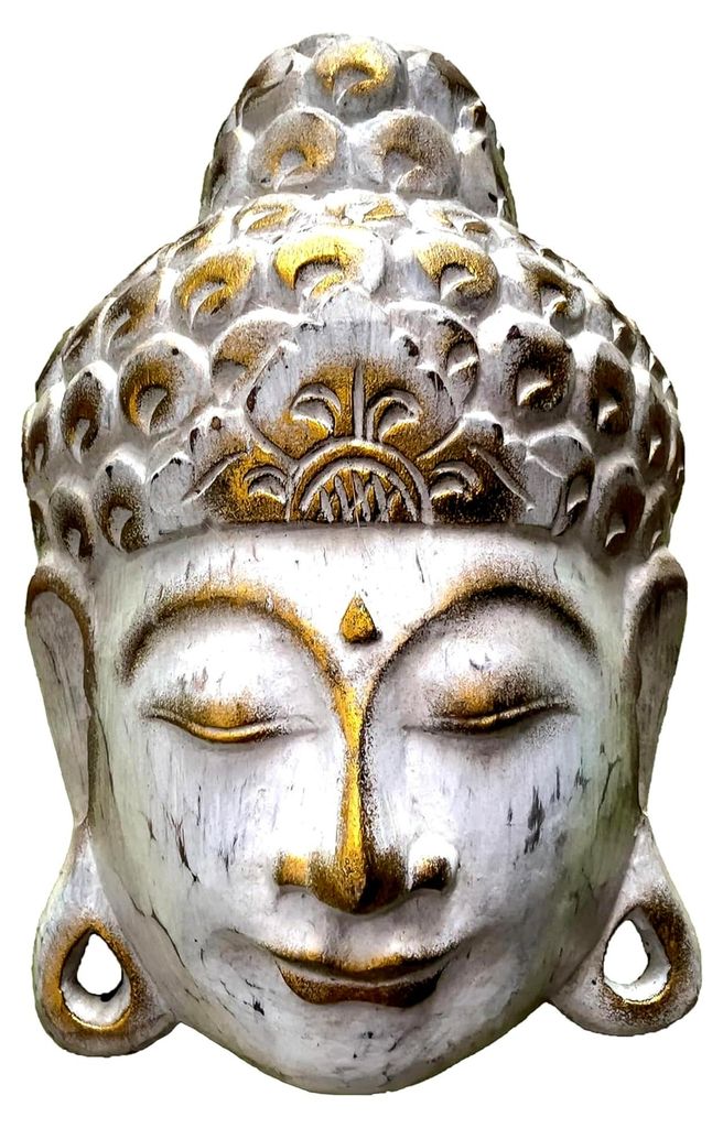 Buddha - Maske White Wash, handgearbeitete Holzmaske aus Bali, Wandmaske, in 2 Größen, 25 und 35 cm