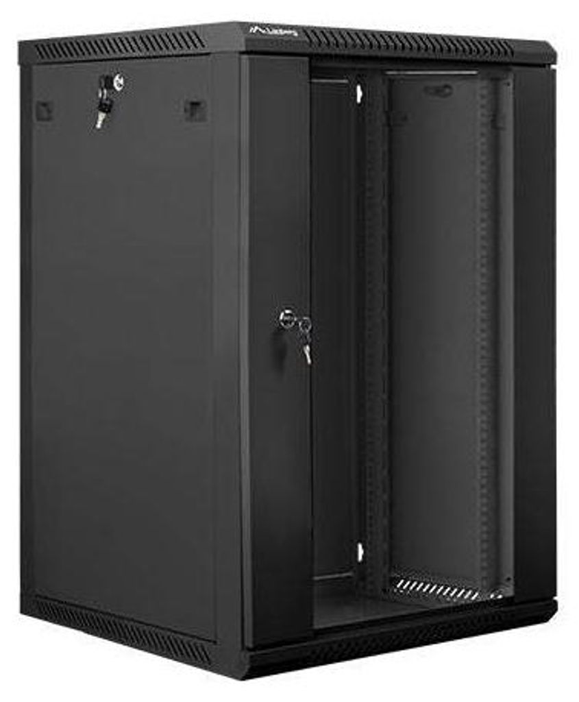 A black server rack cabinet with a glass door and two keys.