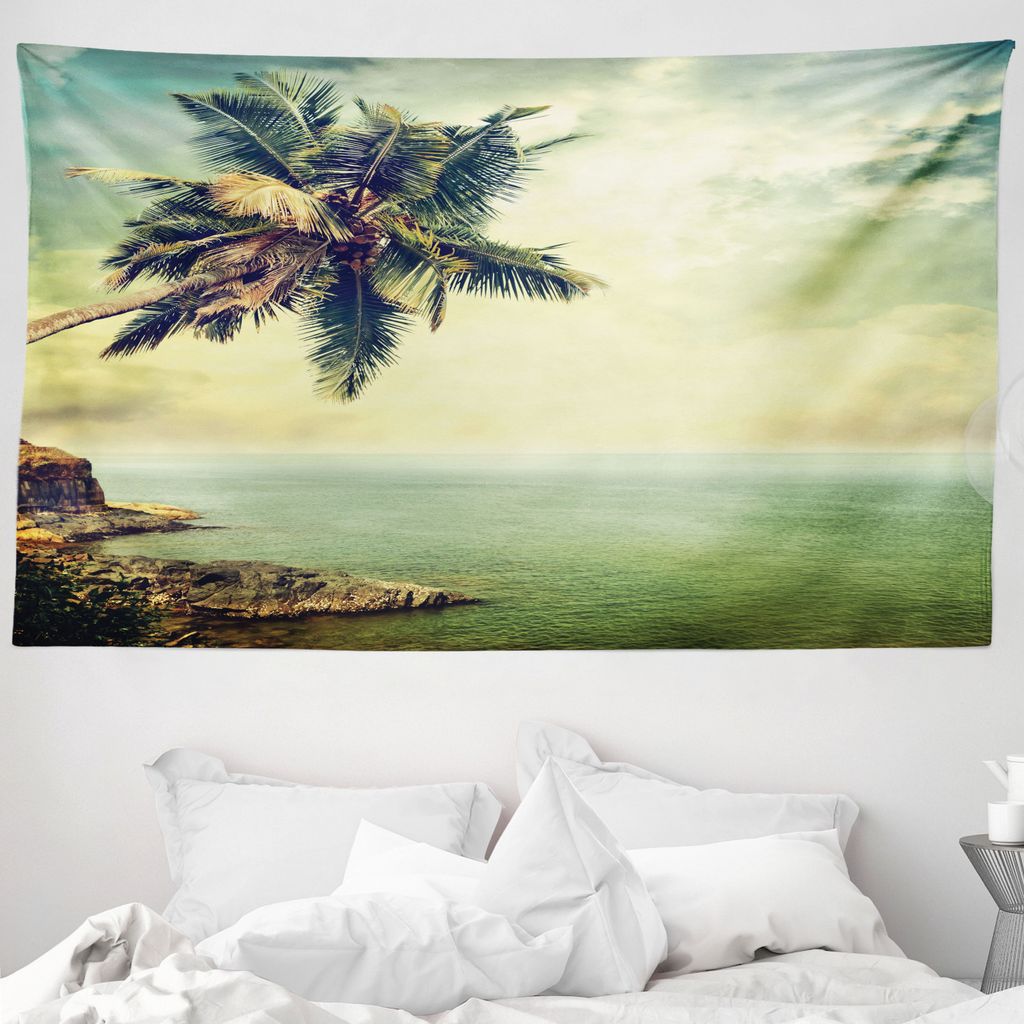 ABAKUHAUS Karibik Wandteppich, Palme Rocky Shore aus Weiches Mikrofaser Stoff Waschbar ohne Verblassen Digitaldruck, 230 x 140 cm, Mandelgrün Blas...