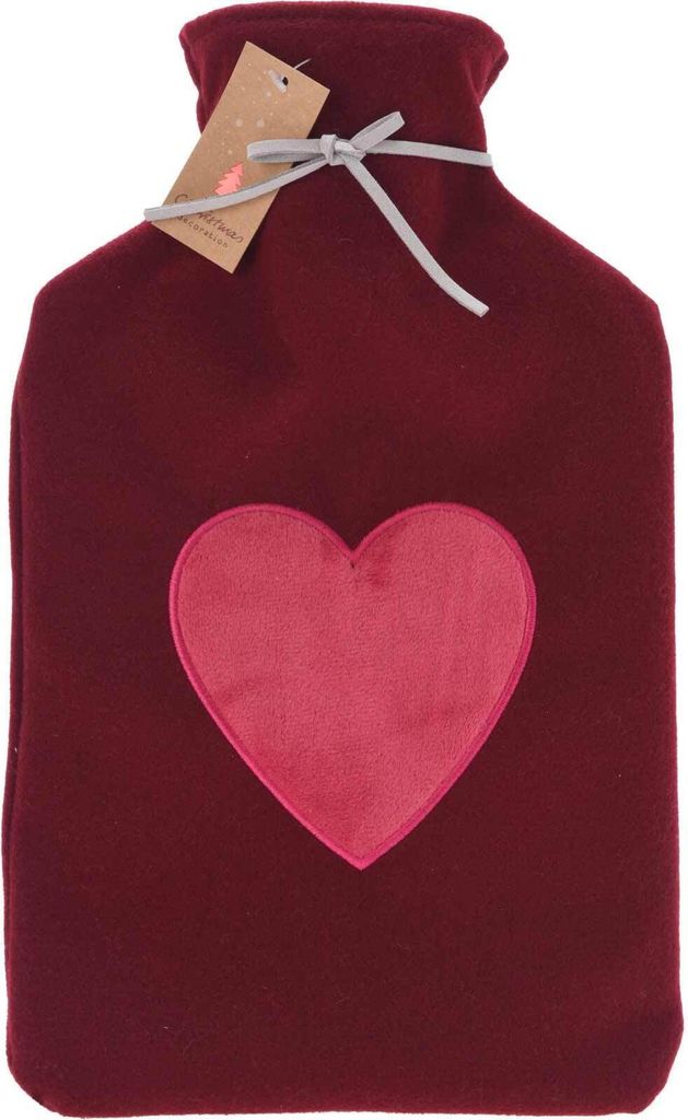 A burgundy hot water bottle with a pink heart applique, a tag attached to the neck, and a grey ribbon tie.