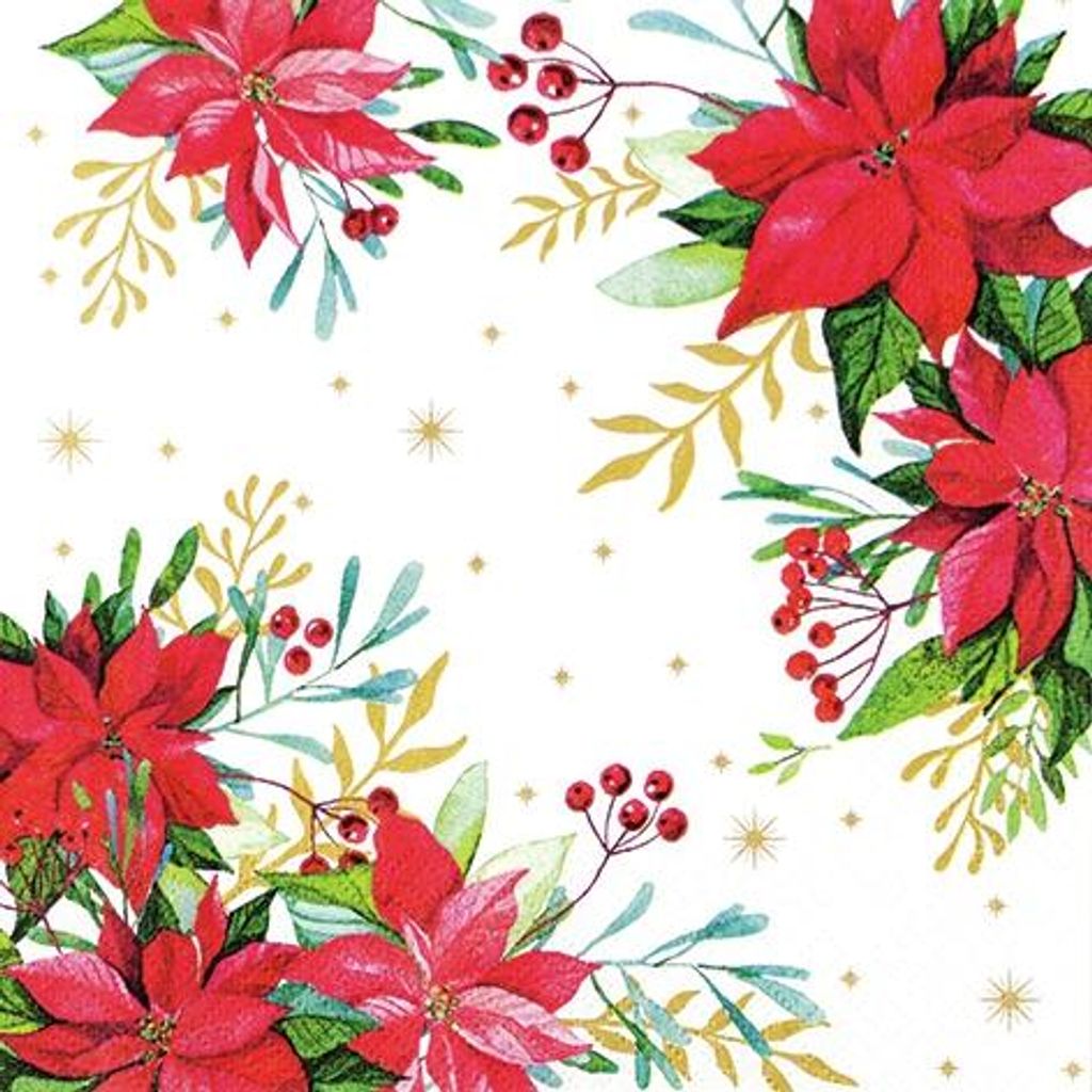 Servietten 33x33 cm - Traditional Poinsettia white