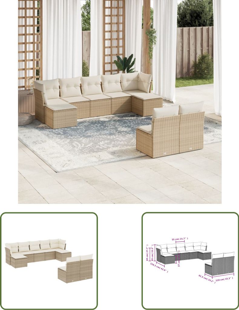 The Living Store 9-tlg. Garten-Sofagarnitur mit Kissen Beige Poly Rattan