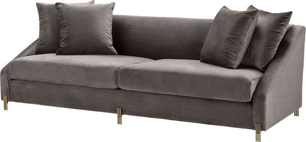 Casa Padrino Luxus Samtsofa Grau / Messingfarben 223 x 94 x H. 73 cm - Wohnzimmer Sofa mit 4 Kissen - Luxus Möbel