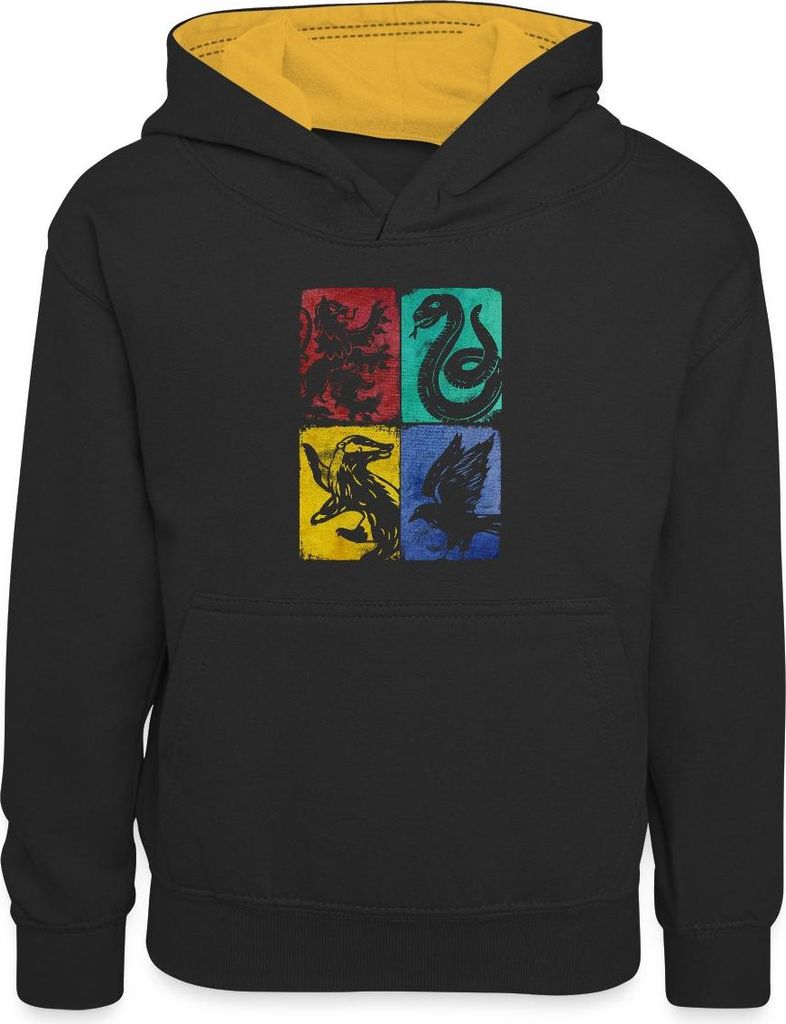 Spreadshirt Harry Potter Häuser Wappen Kachel-Mix Kinder Kontrast-Hoodie, M (7/8 Jahre), Schwarz/Gold