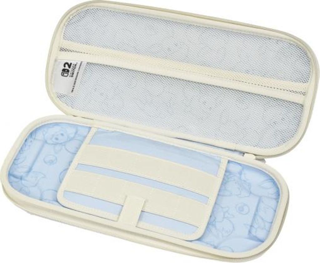 An open white and light blue storage case for a game console.