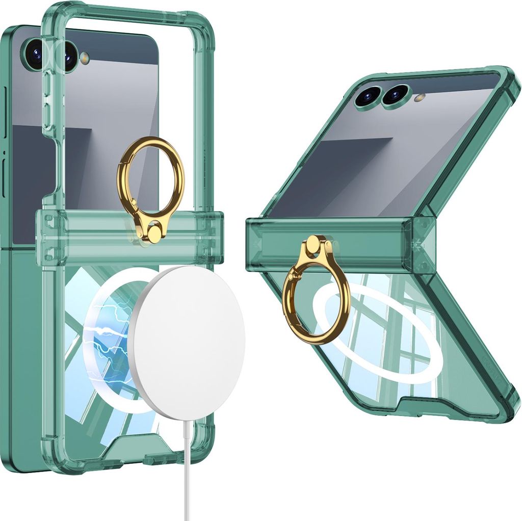 Hülle für Samsung Galaxy Z Flip 7 Scharnierschutz Transparente Stoßfest Schutzhülle mit Displayschutz und Ring, Kompatibel mit Magsafe Grün