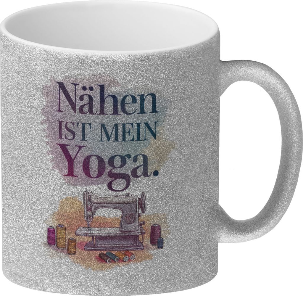 Nähen ist mein Yoga Glitzer-Kaffeebecher mit Nähmaschine