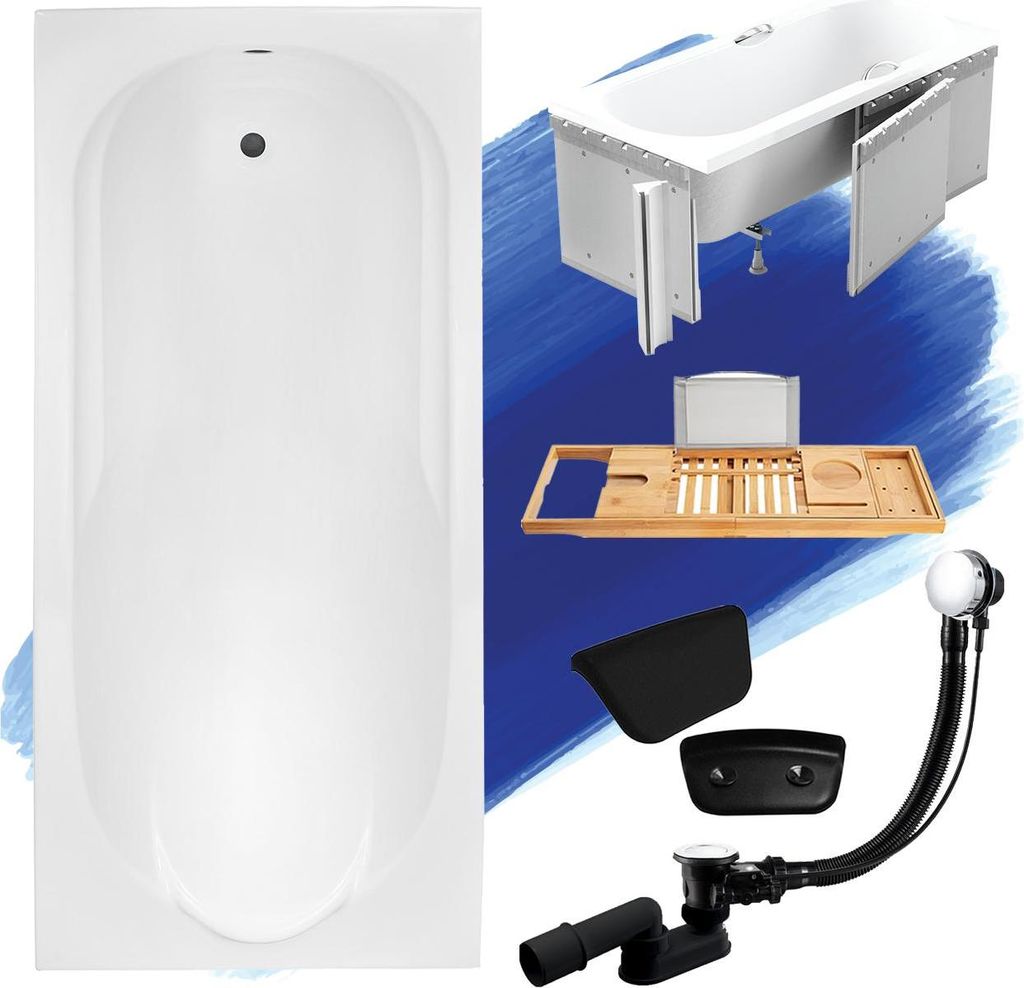 Badewanne Rechteck 170x70 mit Ablaufgarnitur und Füßen GRATIS + Verkleidung (Styropor) + Bambus Holzablage + Kopfstütze in Schwarz | BADLAND BONA