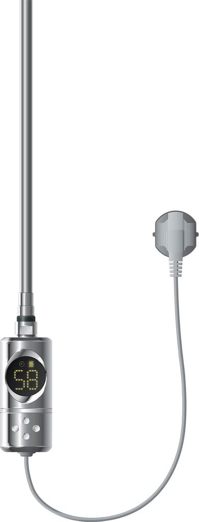 A silver electric heating element with a digital display and a power cord with a plug, isolated on a white background.