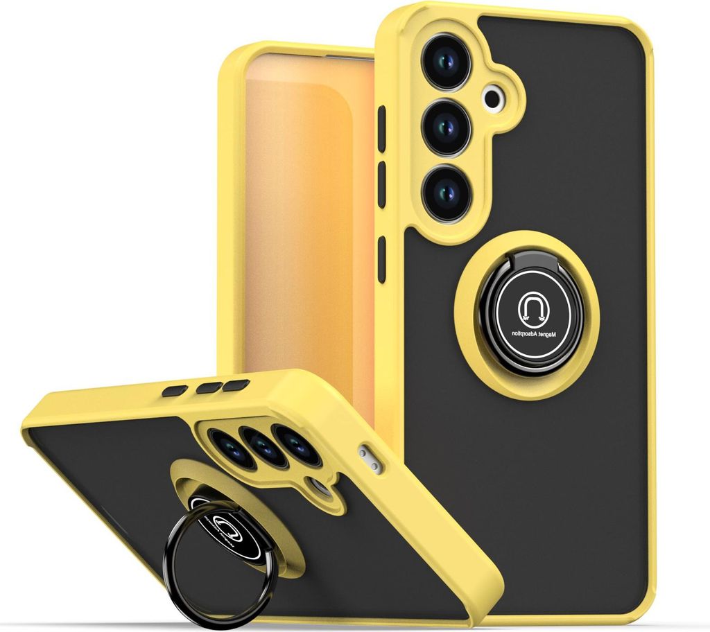 Hülle für Samsung Galaxy S24/ S25 Matte Transluzent TPU Stoßfest Schutzhülle mit Ring Halter Ständer Gelb